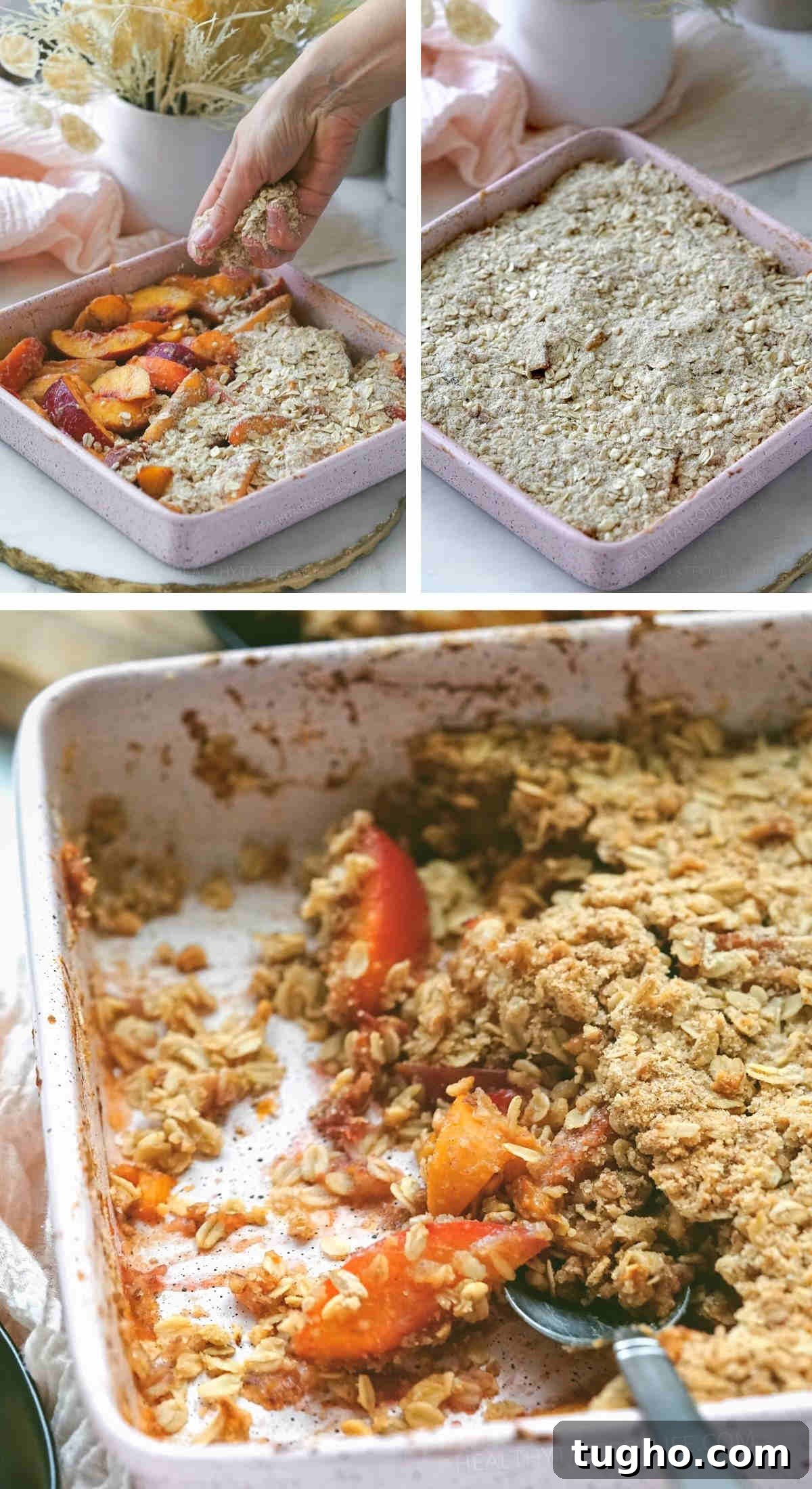 Oat-Topped Peach Crumble Recipe 6 Process shots showing step 4: how to assemble the peach filling and oat crumble topping in a baking dish and prepare to bake this peach crisp recipe with oats.