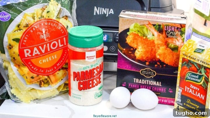 Air Fryer Toasted Ravioli: Crispy Golden Bites in Minutes 3 Ingredients for air fryer toasted ravioli laid out