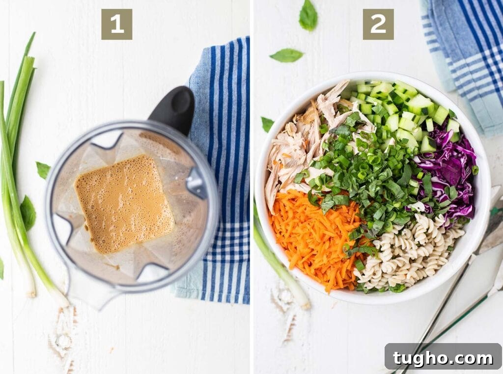 Step 1 shows blending the dressing, and step 2 shows layering the pasta, chicken, and veggies in a salad bowl.