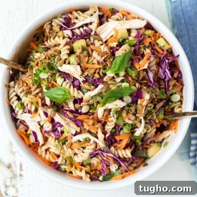 A delicious chicken pasta salad with Asian style veggies and a Thai peanut sauce dressing.