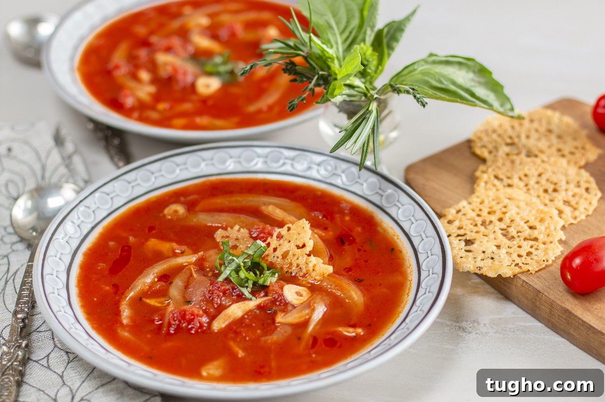 Tomato and Fennel Soup with Parmesan Crisps 2 Tomato Fennel Soup with parmesan crisp in mid-century bowls