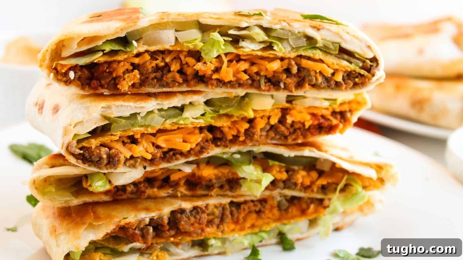 15 Copycat Recipes That Outshine Restaurant Meals 12 Close-up of a stack of folded tortillas filled with beef, melted cheese, lettuce, and onions on a white plate.