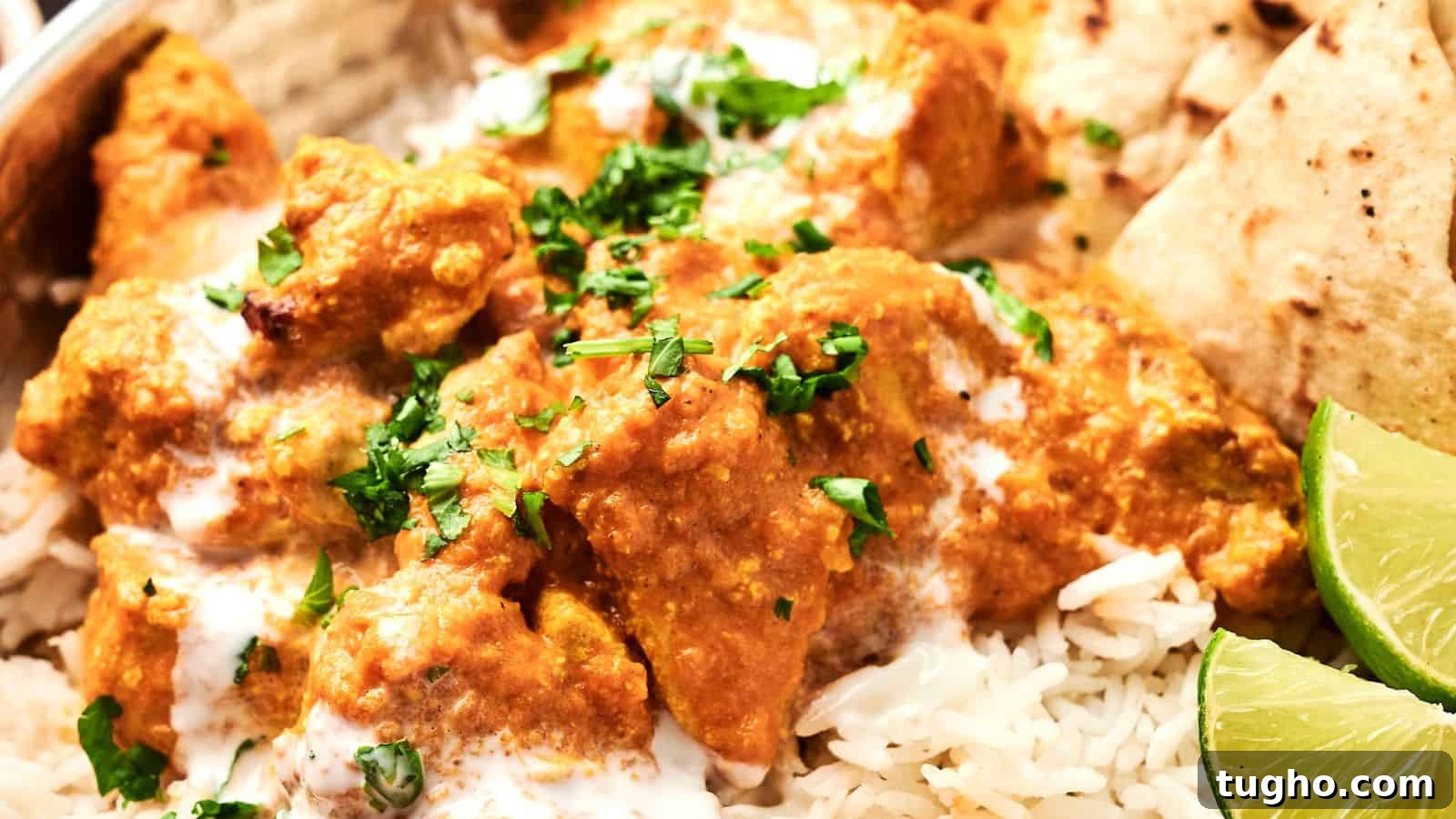 15 Copycat Recipes That Outshine Restaurant Meals 16 A close-up of chicken tikka masala served on rice, garnished with fresh cilantro, with lime wedges and naan on the side.