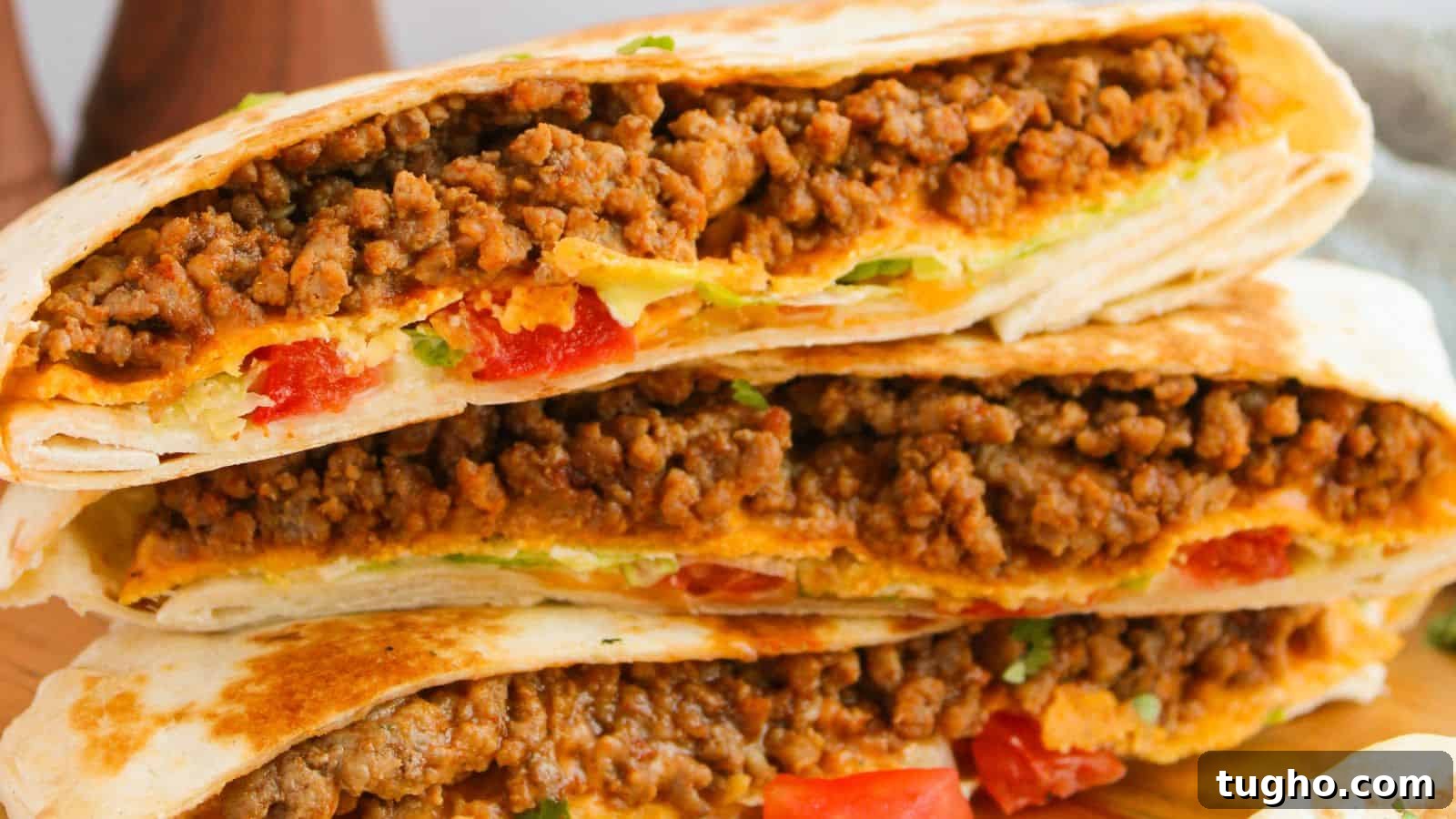 15 Copycat Recipes That Outshine Restaurant Meals 17 Three folded tortillas filled with seasoned ground meat, diced tomatoes, and melted cheese.