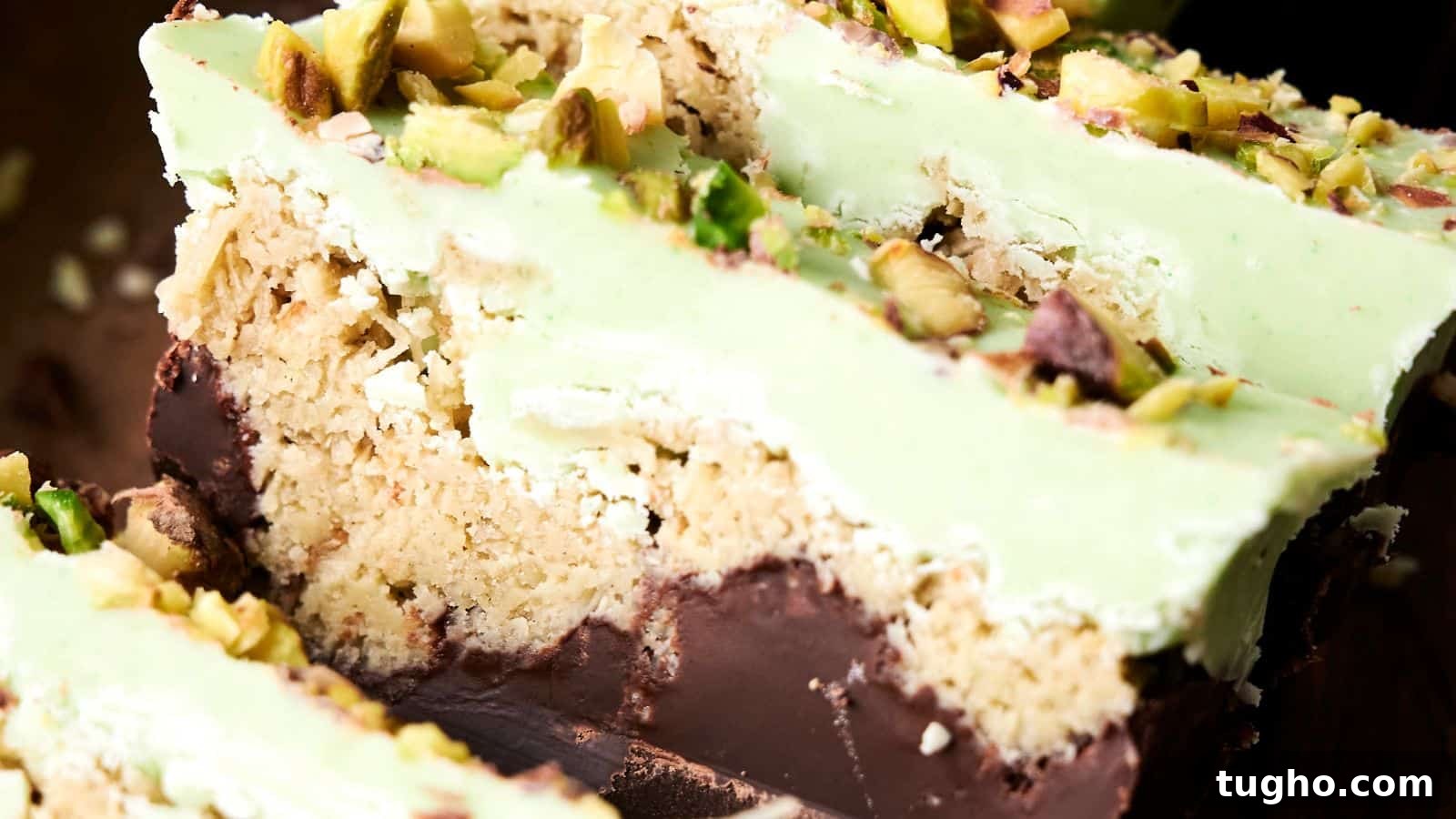 15 Copycat Recipes That Outshine Restaurant Meals 3 Close-up of sliced dessert bars with layers of chocolate, crumbly filling, and green topping, garnished with chopped pistachios.