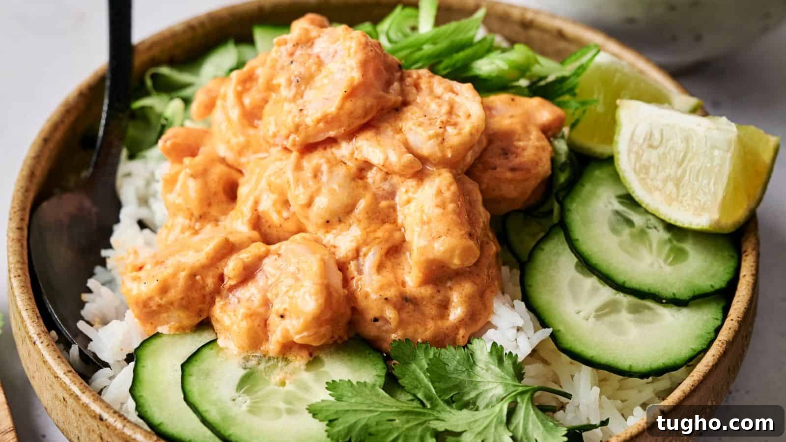 15 Copycat Recipes That Outshine Restaurant Meals 4 A bowl of rice topped with shrimp in a creamy sauce, garnished with cucumber slices, lime wedge, cilantro, and sliced green onions.