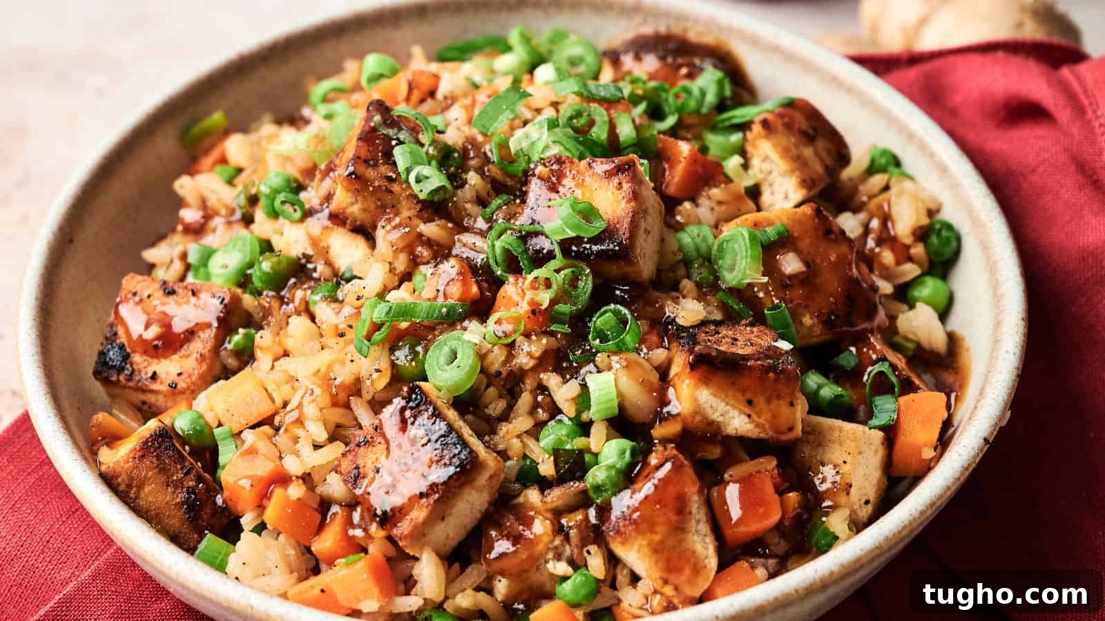 15 Copycat Recipes That Outshine Restaurant Meals 7 A bowl of fried rice with grilled tofu, diced carrots, peas, chopped green onions, and a drizzle of dark sauce, served on a red cloth.