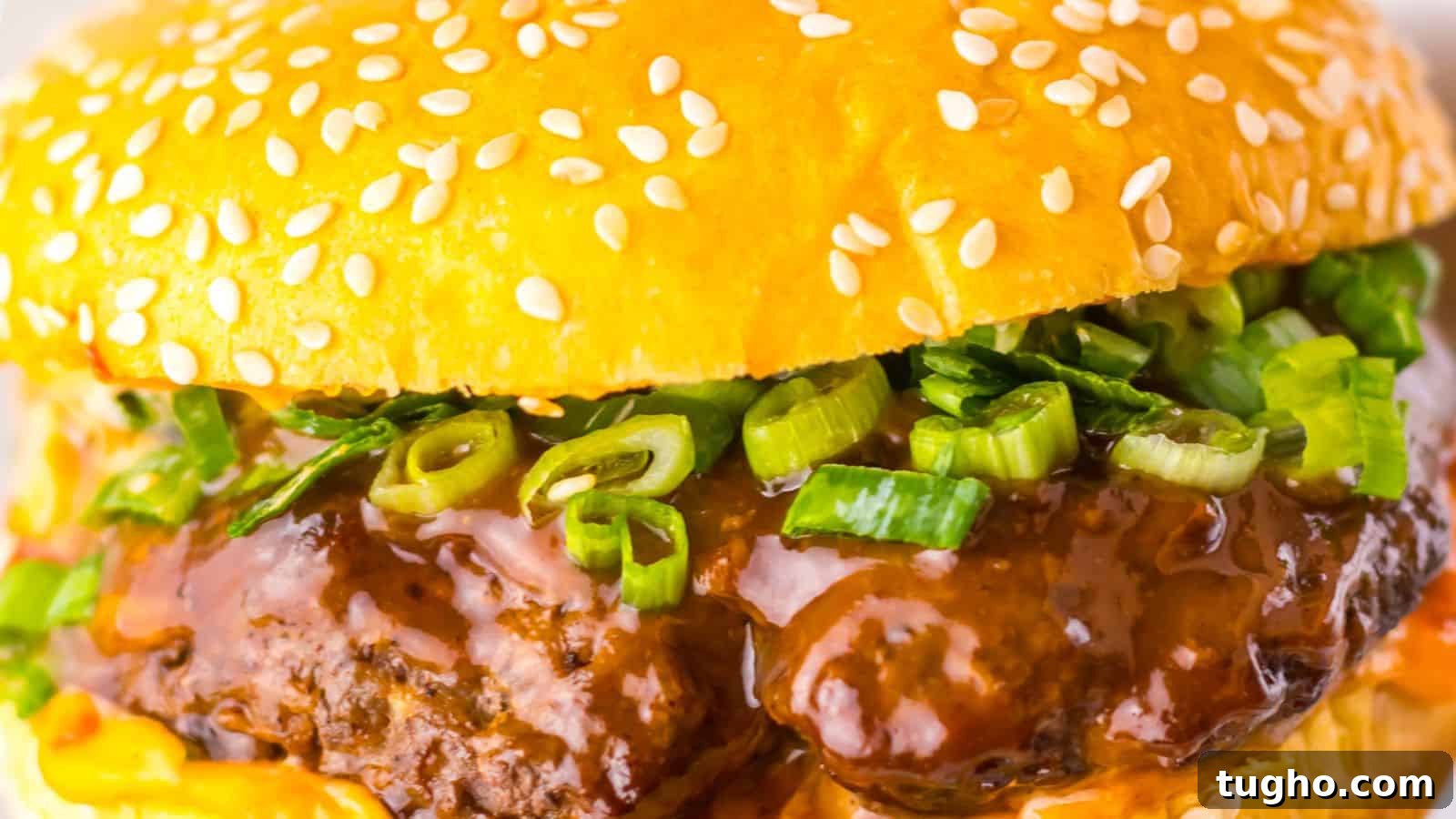 15 Copycat Recipes That Outshine Restaurant Meals 10 Close-up of a hamburger with a sesame seed bun, beef patty, green onions, and rich brown sauce.