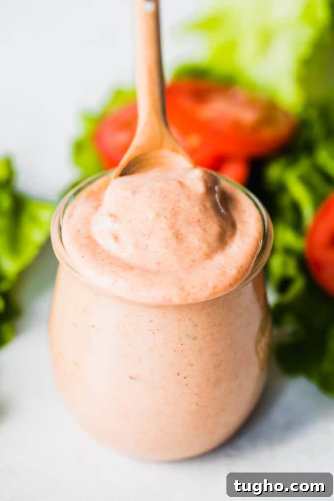 Classic Homemade Burger Sauce Recipe 2 Wooden spoon scooping up burger sauce from a glass jar.