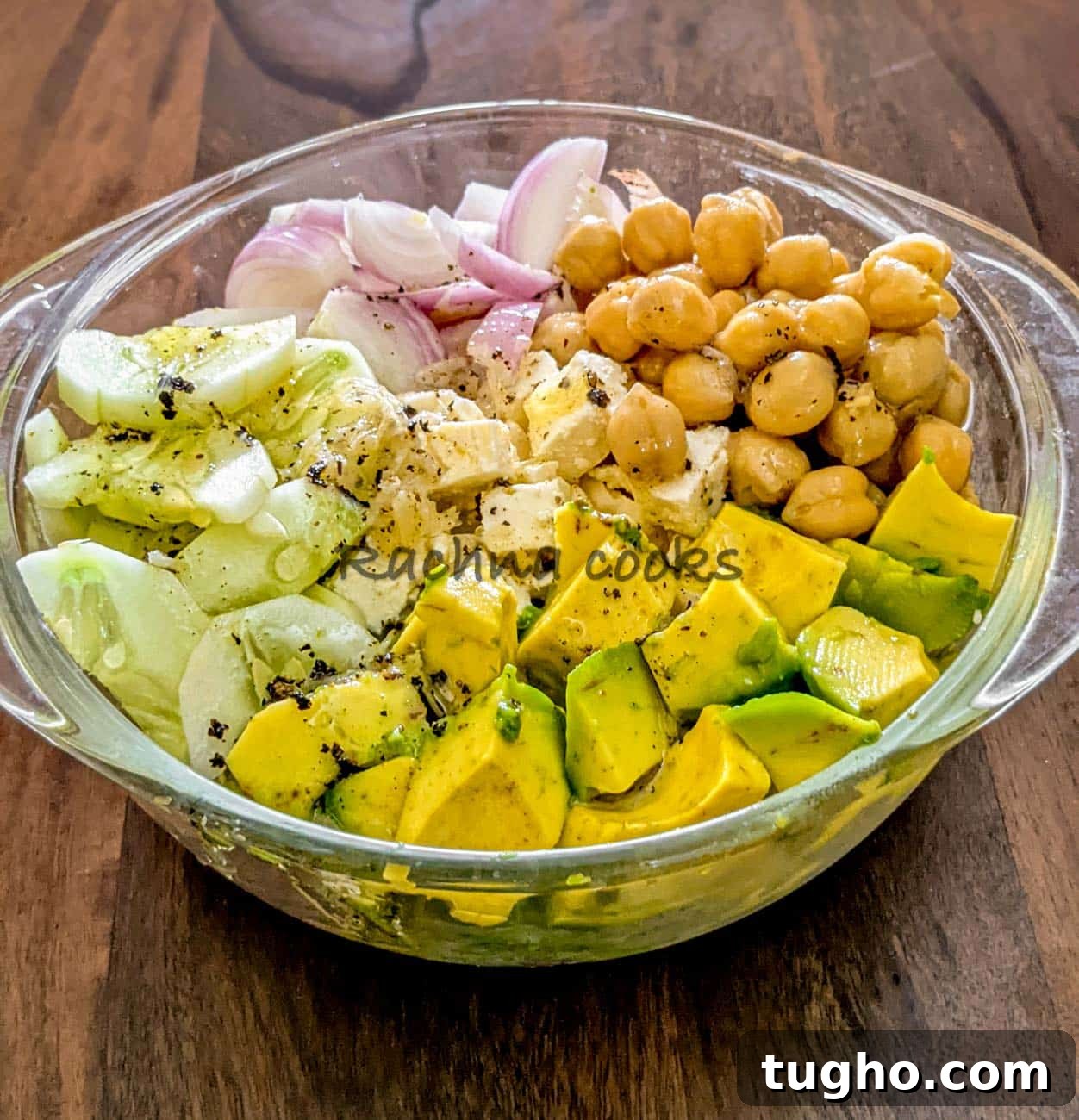 Zesty Chickpea and Cucumber Salad with Lemon Dressing 6 Dressing drizzled over chopped avocado, onion, cucumber, chickpeas and feta