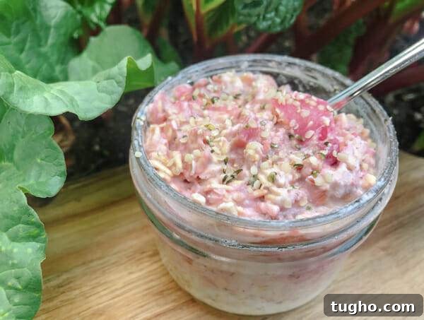Make-Ahead Rhubarb Overnight Oats 3 overnight rhubarb oats in bowl ready to serve