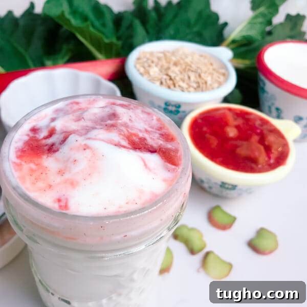 Make-Ahead Rhubarb Overnight Oats 4 filled jar