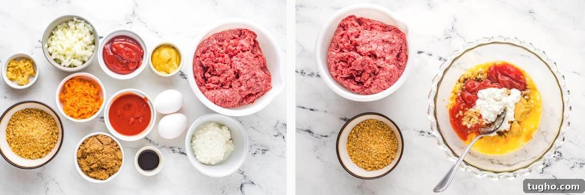 Juicy Air Fryer Meatloaf with Glaze 4 artful ingredient shot, mixing ingredients together