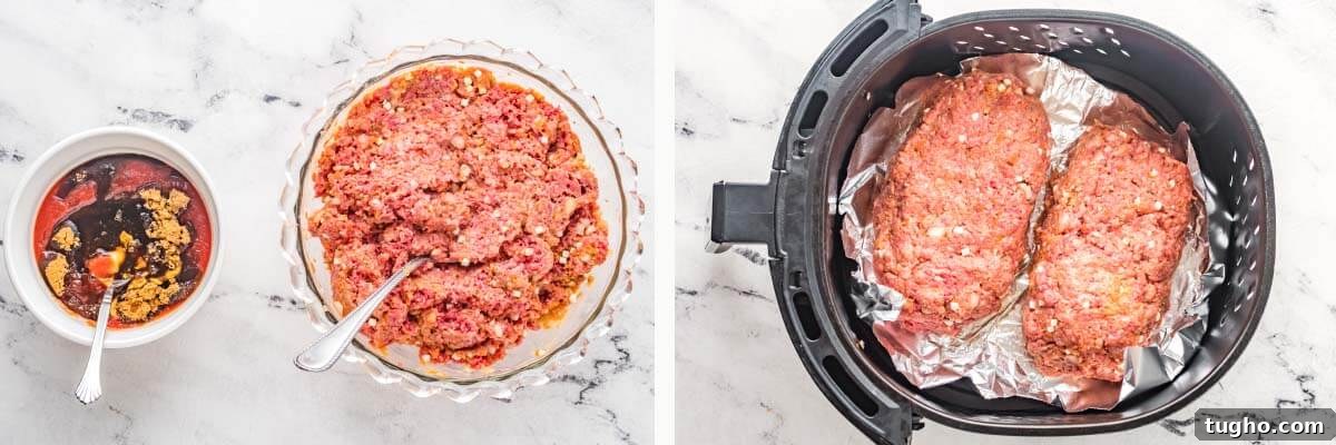 Juicy Air Fryer Meatloaf with Glaze 5 meatloaf mixture in a bowl, raw meatloaf in air fryer basket