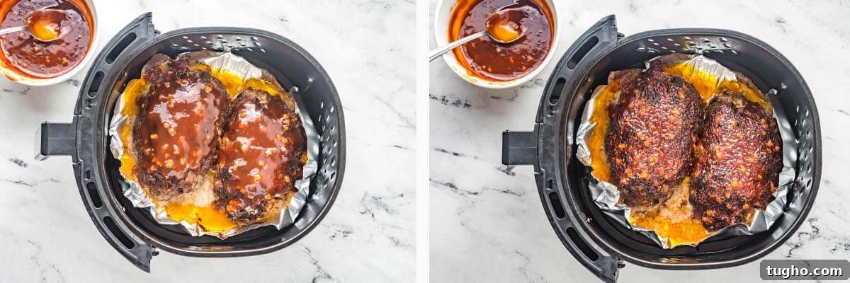 Juicy Air Fryer Meatloaf with Glaze 6 meatloaf in air fryer basket with sauce