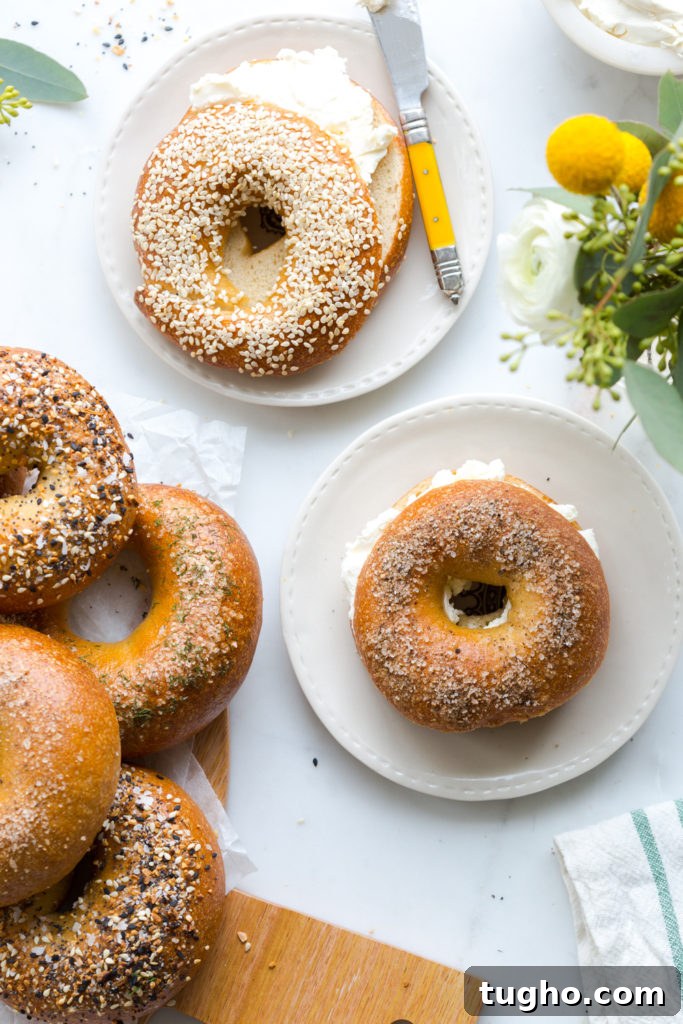 a pile of bagels, one with cream cheese
