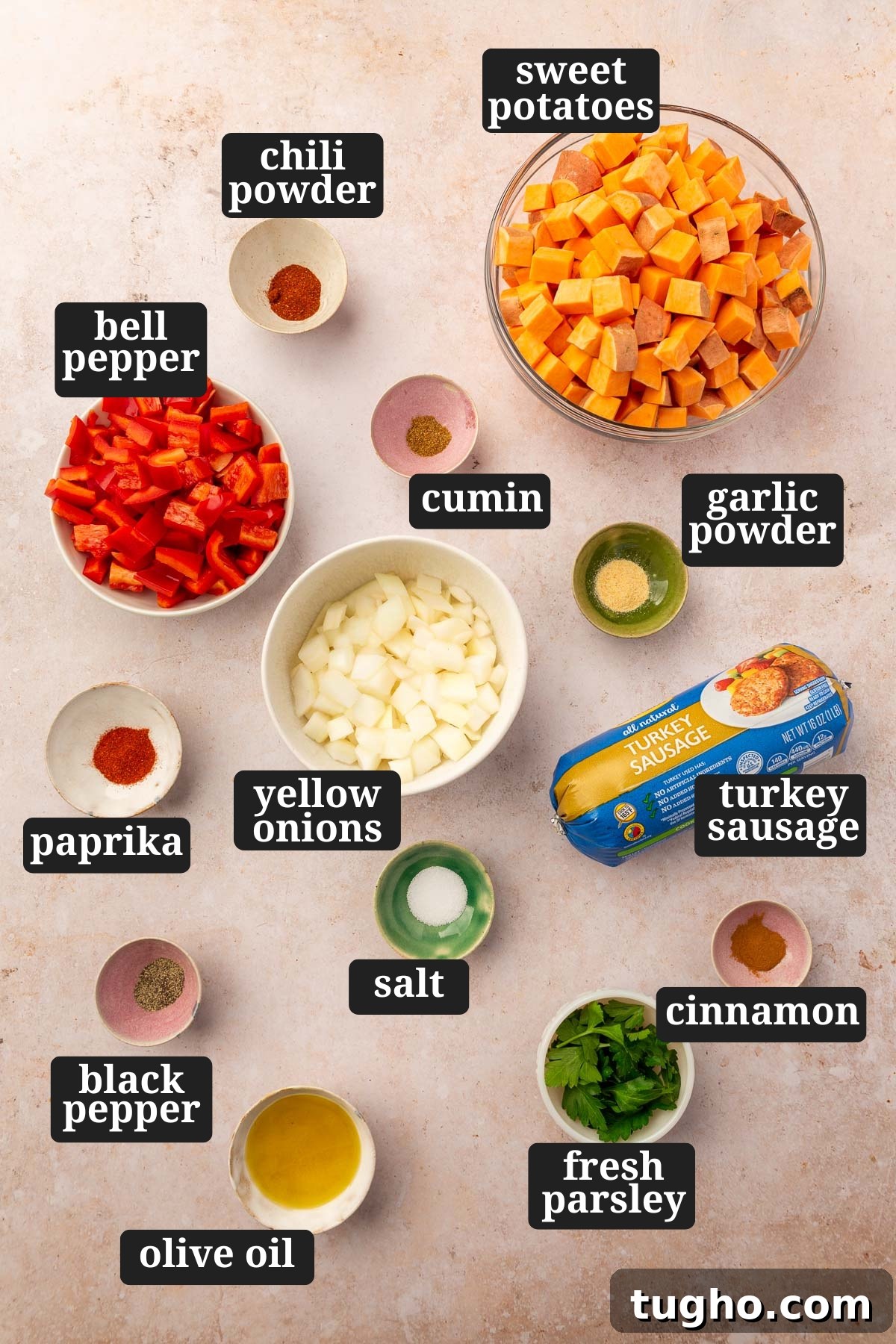Crispy Skillet Sausage and Sweet Potato Hash 3 Ingredients in small bowls to make sausage sweet potato hash, including chili powder, sweet potatoes, bell pepper, cumin, garlic powder, yellow onions, paprika, salt, turkey sausage, black pepper, salt, cinnamon, olive oil and fresh parsley with text overlays over each ingredient.
