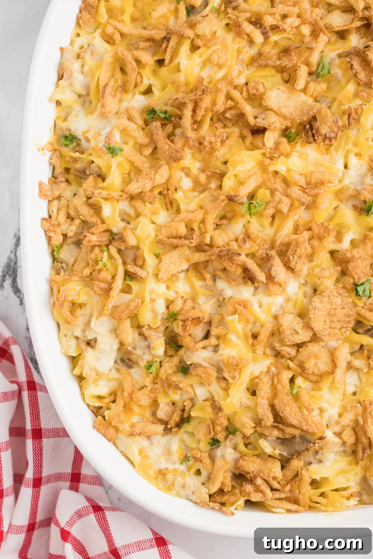 Creamy French Onion Chicken Casserole Recipe 3 Close up of French onion chicken casserole topped with crispy onions in a white casserole dish.