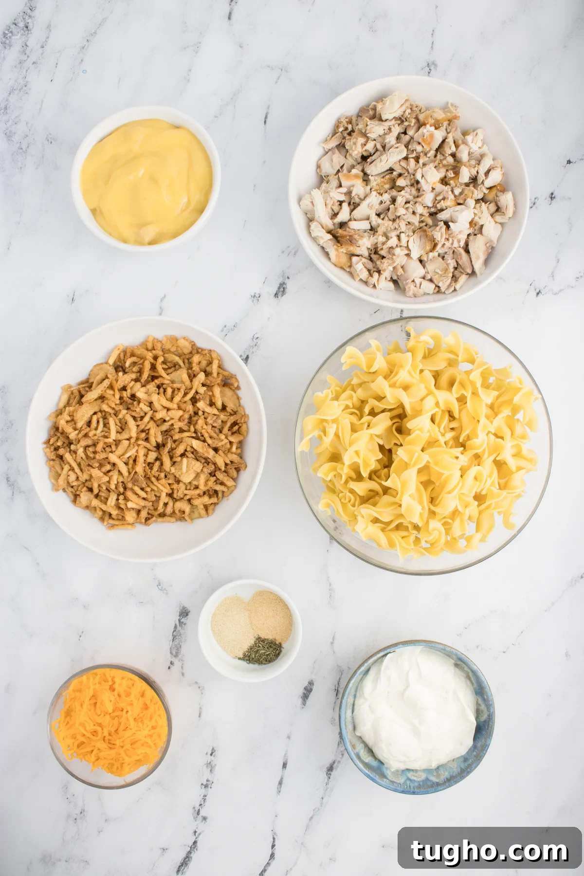 Creamy French Onion Chicken Casserole Recipe 4 All the ingredients needed to make French Onion Chicken Casserole in prep bowls.