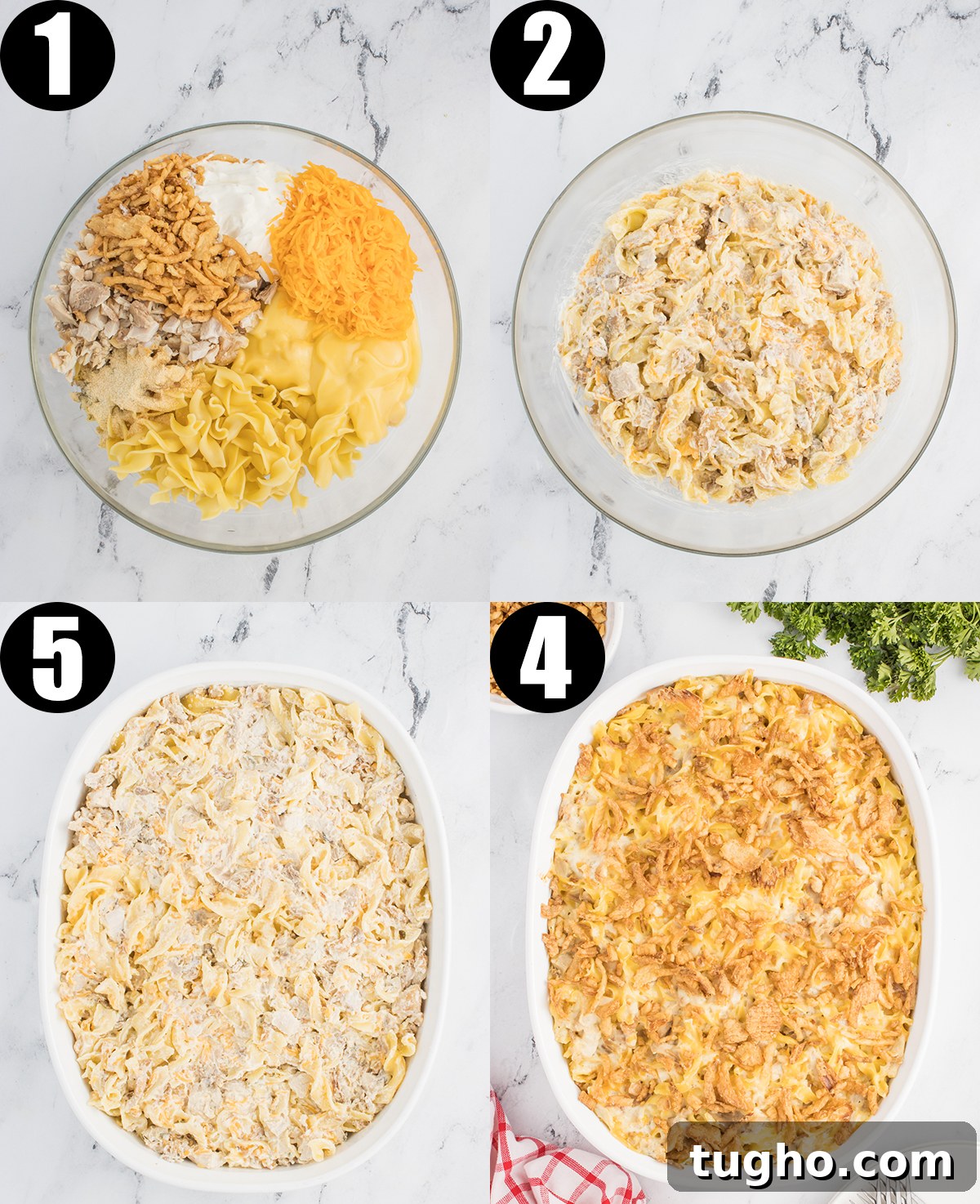Creamy French Onion Chicken Casserole Recipe 5 A four photo collage showing the steps to make French onion chicken casserole.