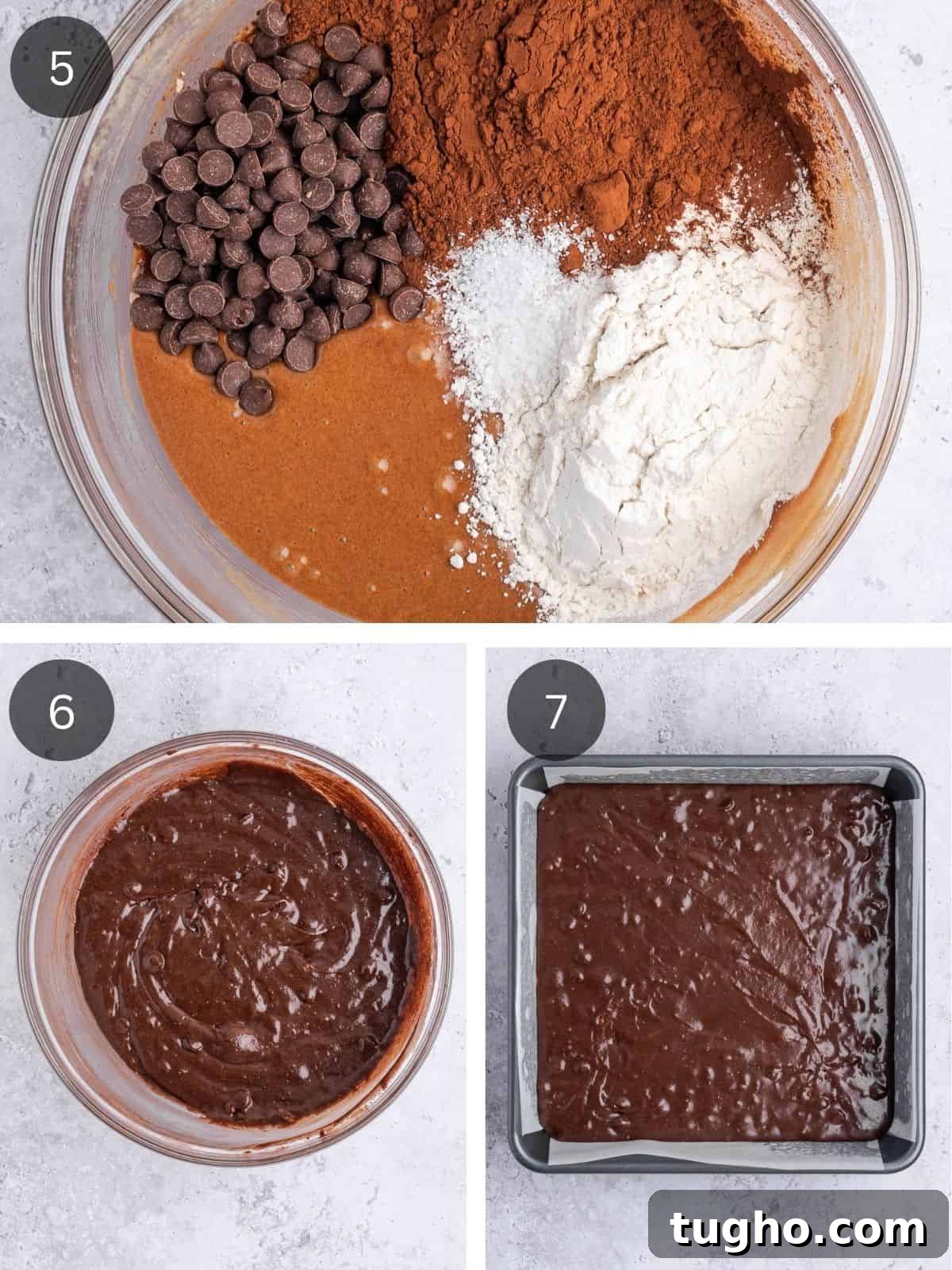 Fudgy Tahini Brownies with Nutty Chocolate Swirl 6 Recipe steps showing the addition of the dry ingredients to the wet base and adding the brownie mix to the parchment paper-lined baking tray.