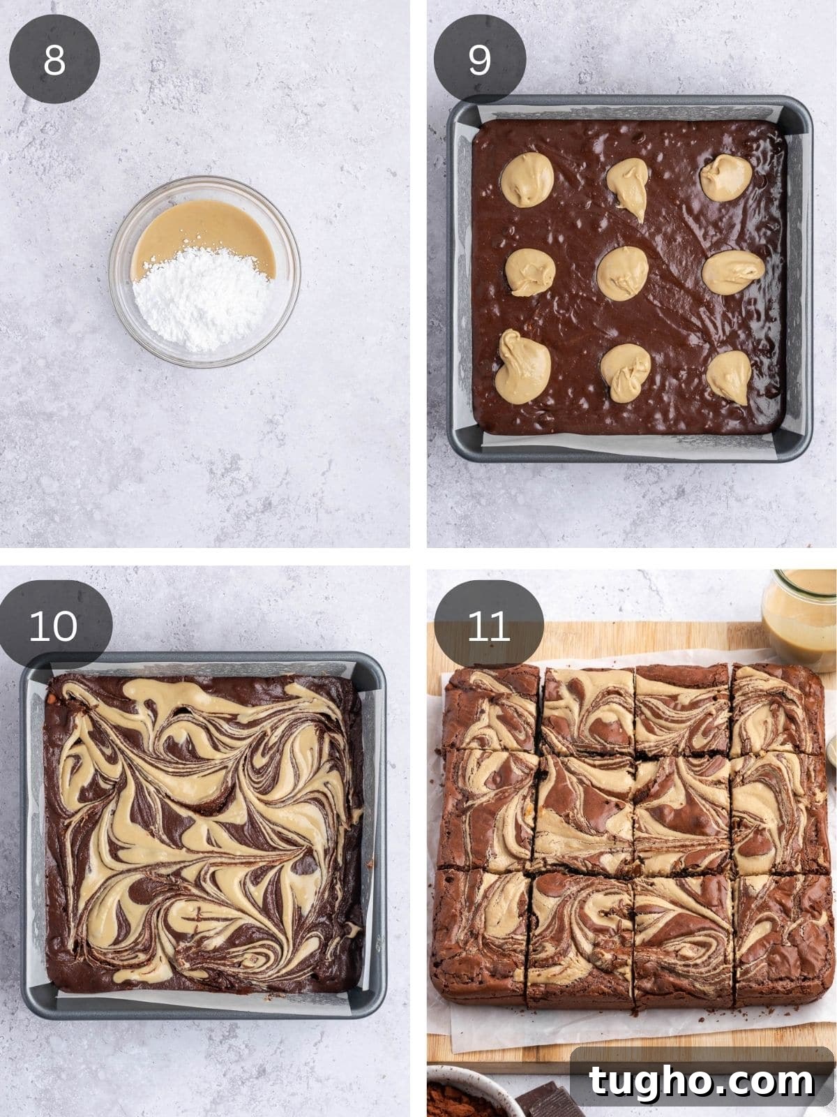 Fudgy Tahini Brownies with Nutty Chocolate Swirl 7 Recipe steps showing the making of the tahini swirl and how it gets added to the raw brownie mix.