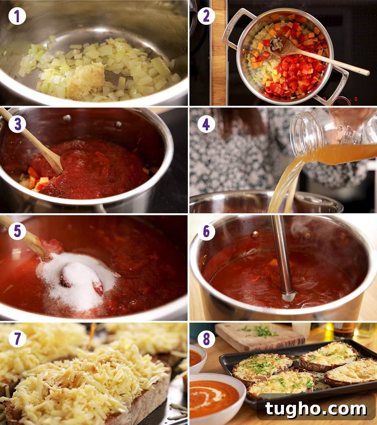 Creamy Homemade Tomato Soup Recipe 4 8 step collage showing how to make tomato soup with basil-topped cheese on toast