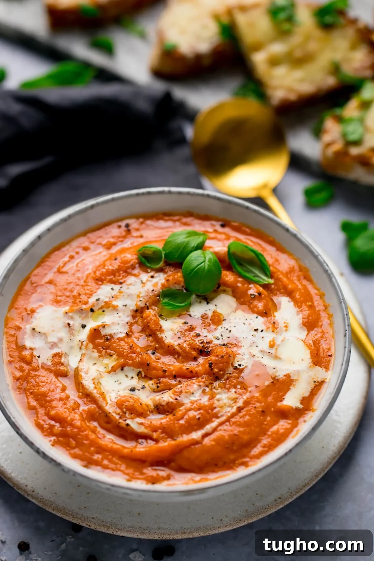 Creamy Homemade Tomato Soup Recipe 6 Lush bowl of wholesome tomato soup covered with rich cream and basil leaves with a golden spoon. A slate of grilled cheese toast covered with basil leaves in the background.