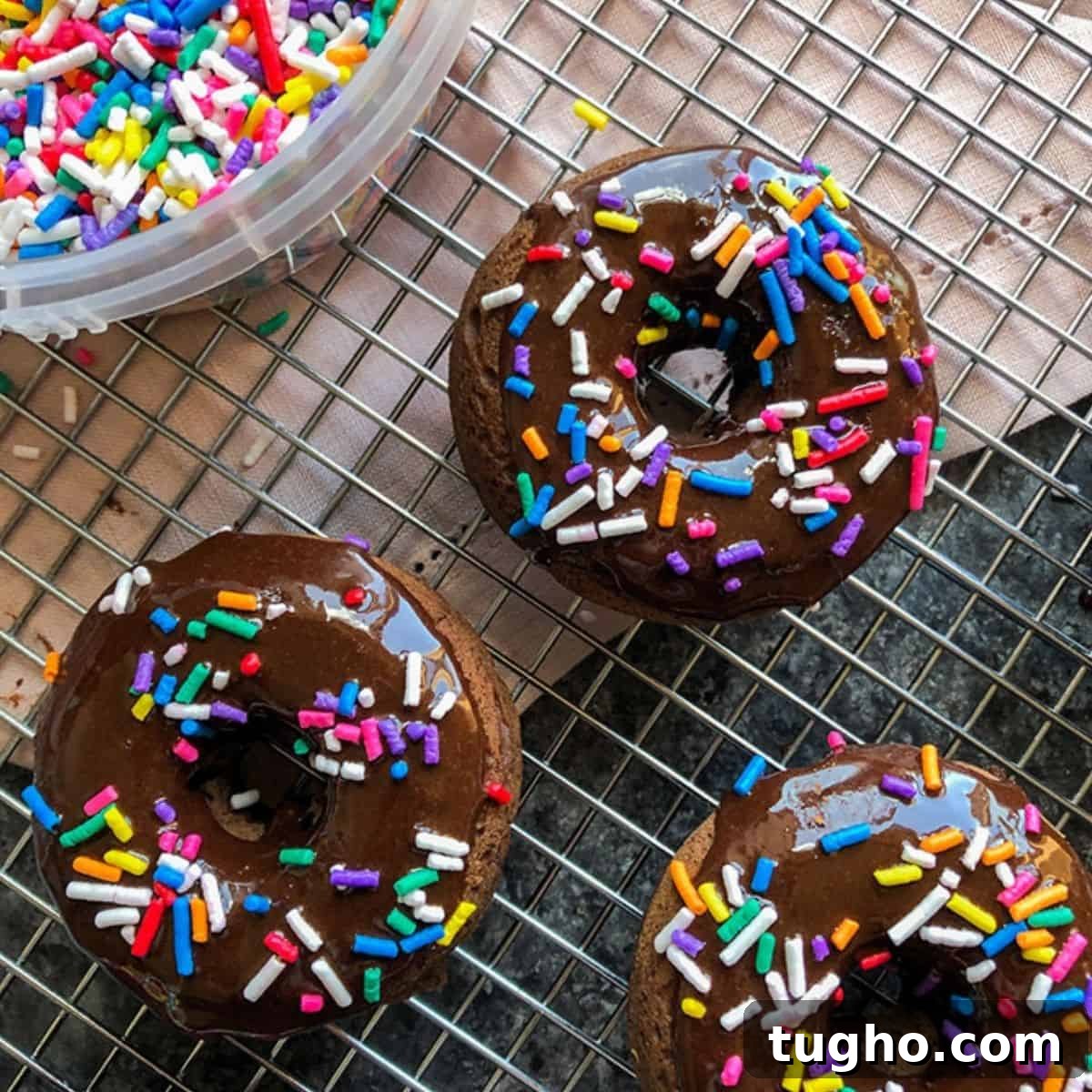 Moist Baked Chocolate Donuts Recipe 3 Frosted chocolate donuts on a wire rack.