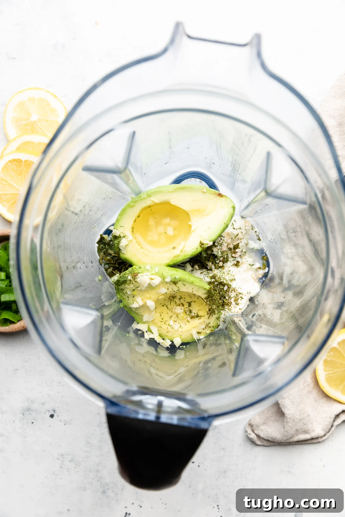 Ingredients for Avocado Ranch Aioli in a blender