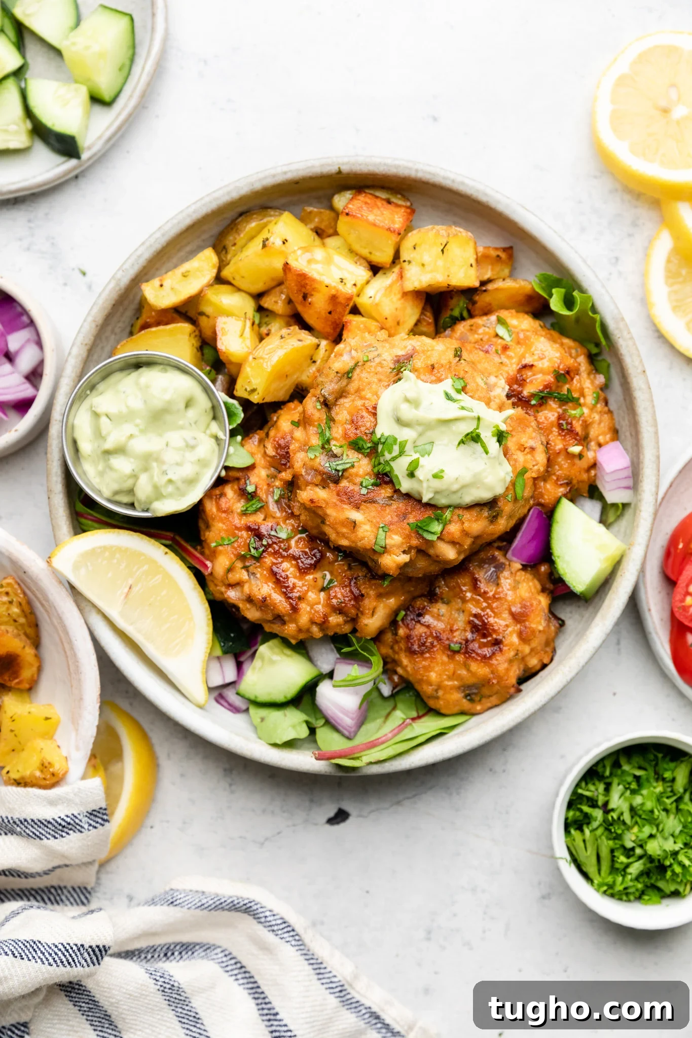 A bowl with southwest salmon cakes with roasted potatoes and avocado ranch aioli