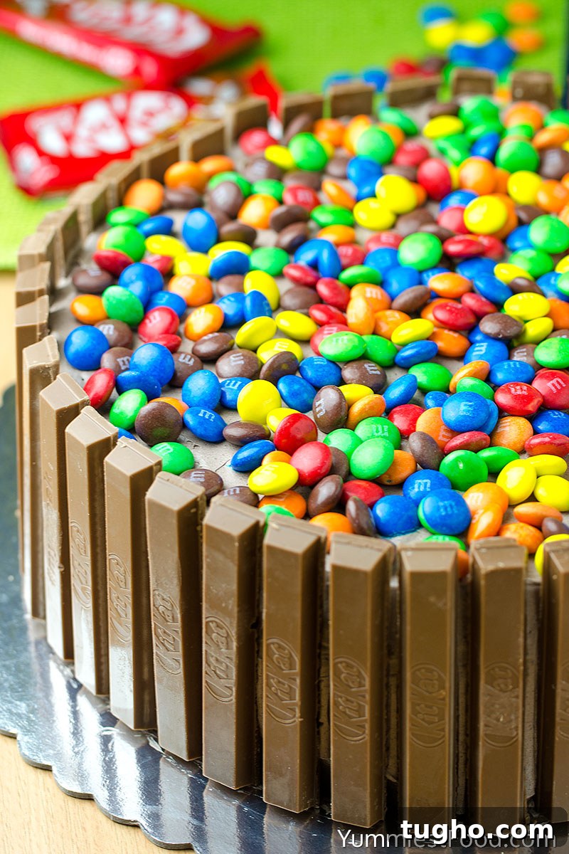 Kit Kat and M&M Chocolate Cake with Peanut Butter Frosting 3 KIT KAT and M&M Chocolate Cake With Peanut Butter Frosting - a Whole Cake