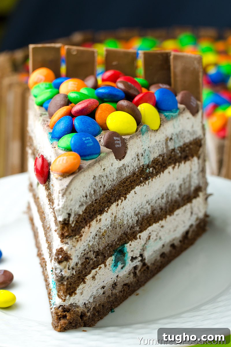 Kit Kat and M&M Chocolate Cake with Peanut Butter Frosting 4 KIT KAT and M&M Chocolate Cake With Peanut Butter Frosting - served on the plate