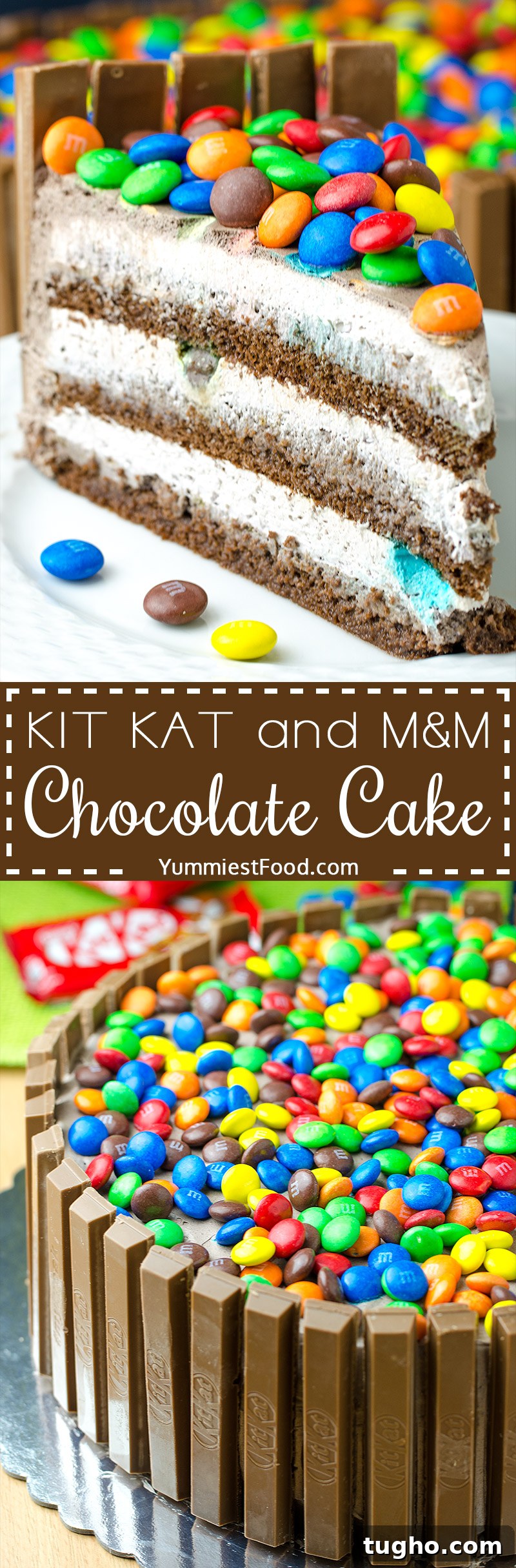 Kit Kat and M&M Chocolate Cake with Peanut Butter Frosting 9 KIT KAT and M&M chocolate cake with peanut butter frosting - This cake is so good and easy to make. Perfect for birthdays and other celebrations.