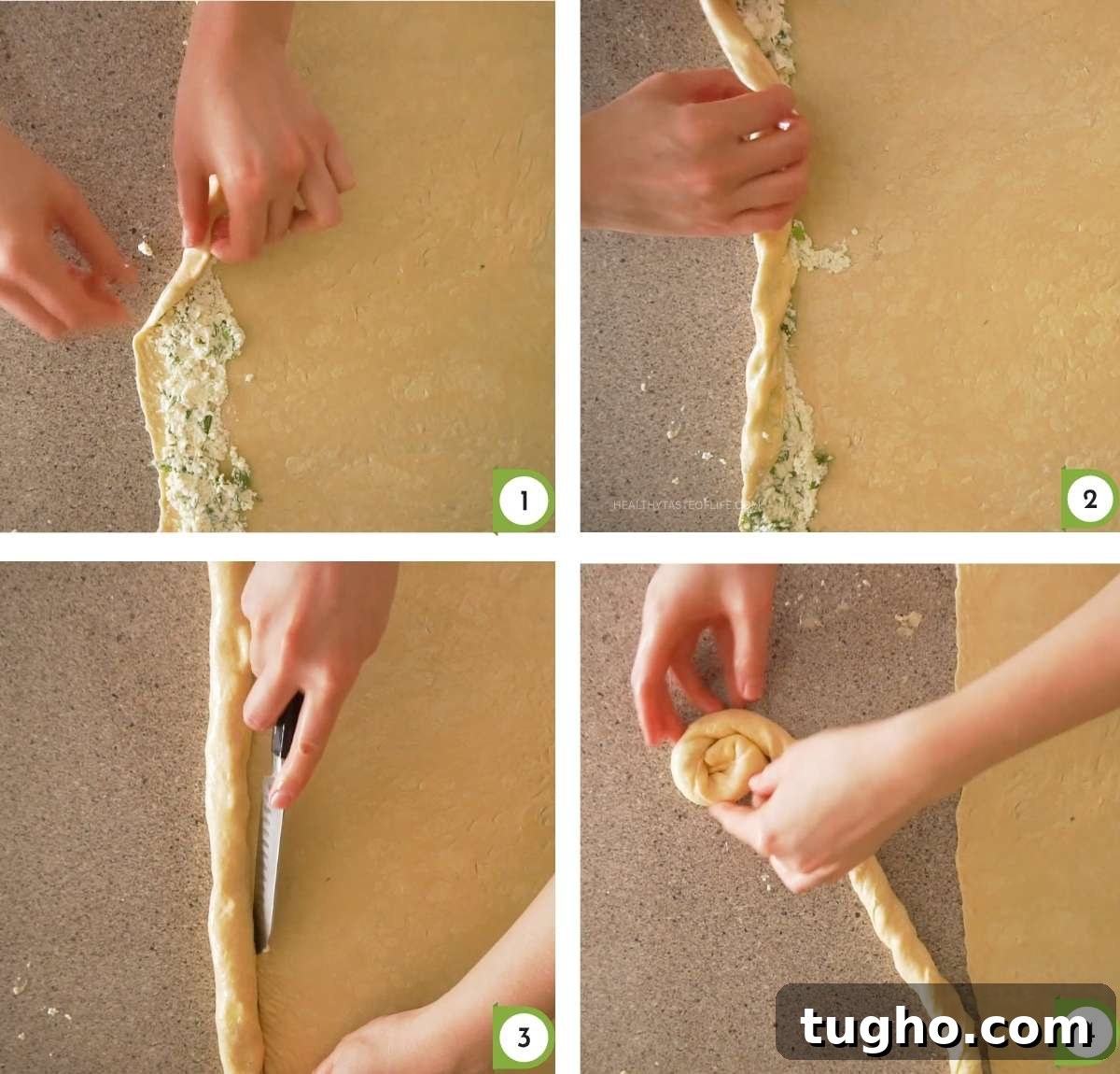 Savory Cheese Puff Pastry Pinwheels Recipe 5 Rolling puff pastry paper-thin on a lightly oiled surface + thin layer of farmer’s cheese filling spread along a pastry strip.