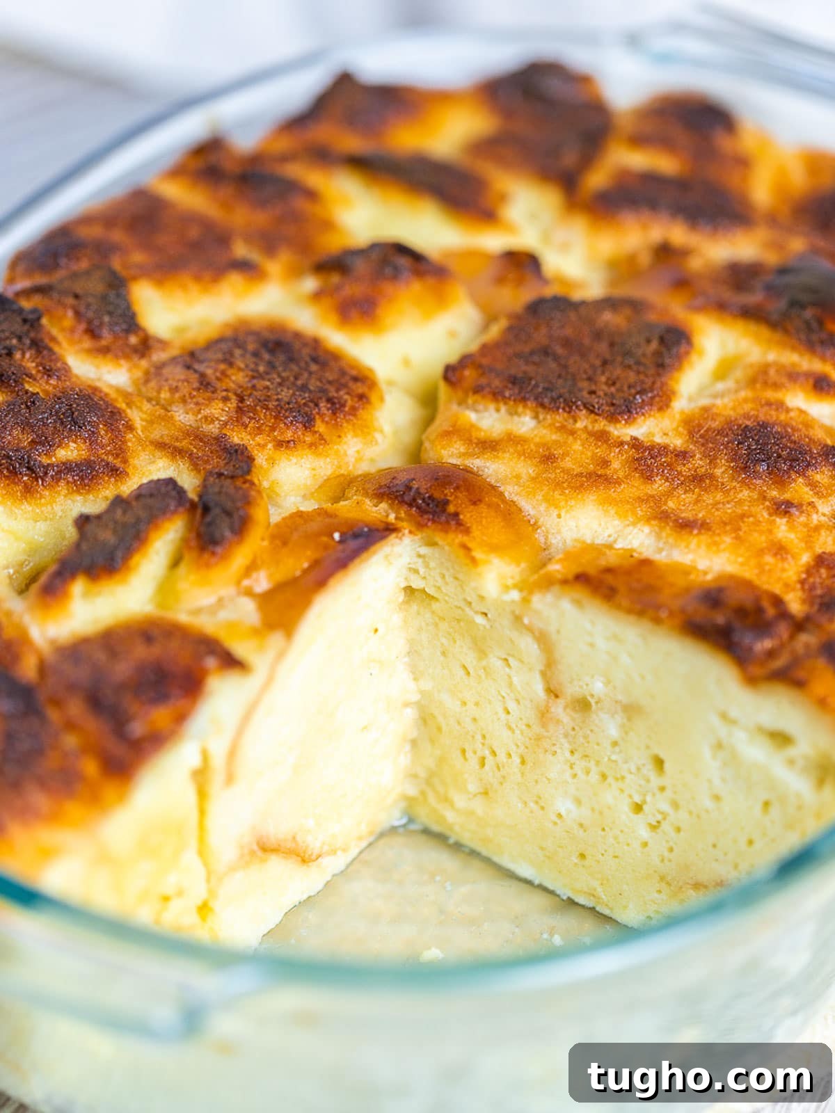 Bread pudding with golden crust.