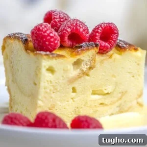 custard bread pudding with vanilla sauce and raspberries