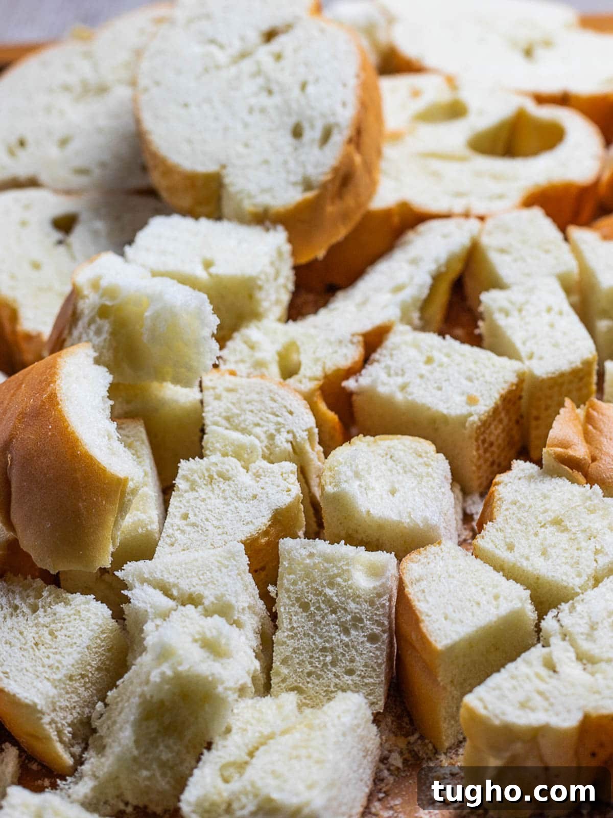 Bread cut into cubes.