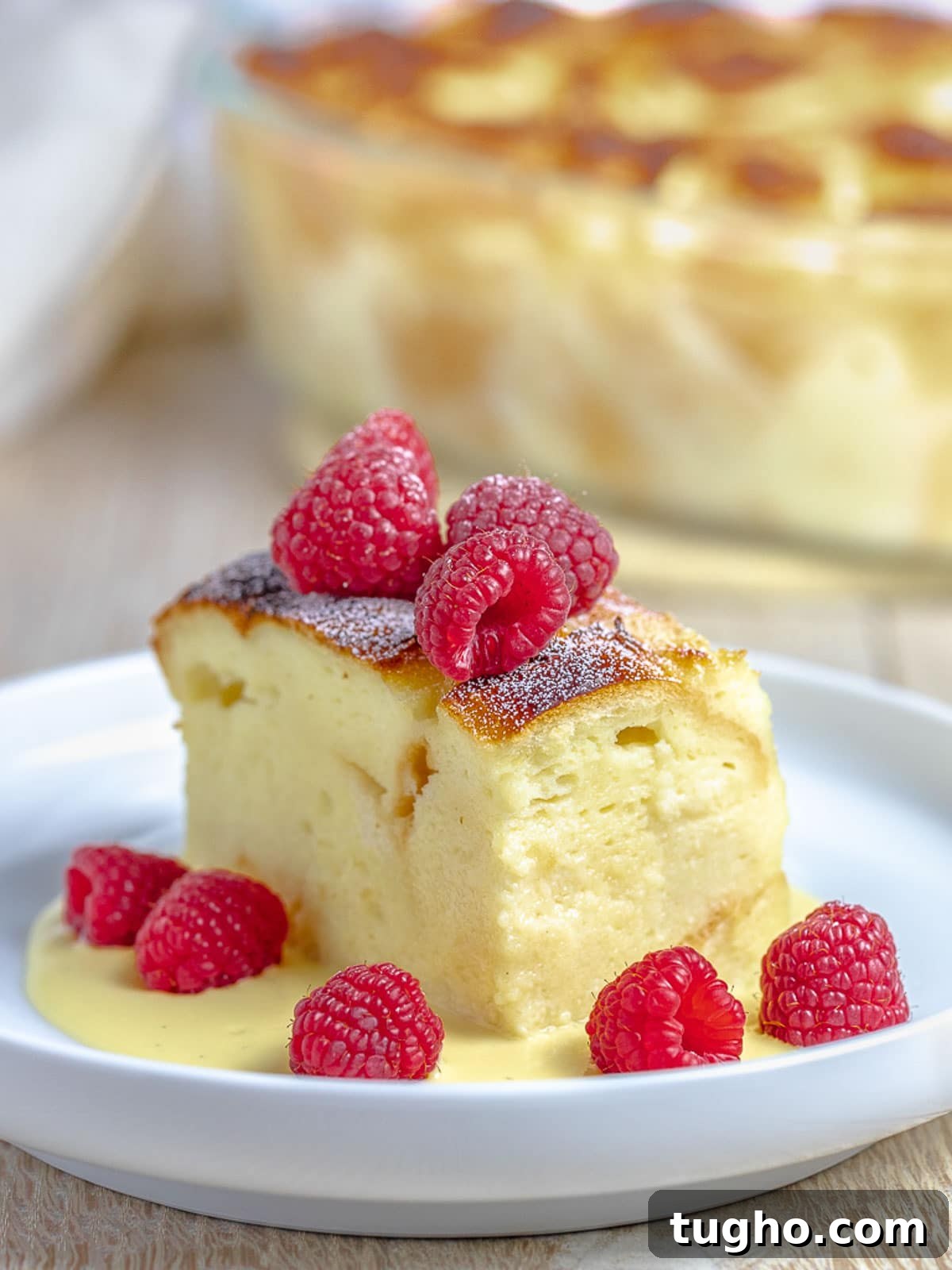Custard bread pudding with vanilla sauce and raspberries.