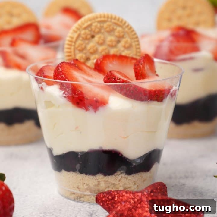 Homemade Apple Walnut Bars Recipe 13 Red, white, and blue parfaits in plastic cups topped with sliced strawberries and a sandwich cookie.