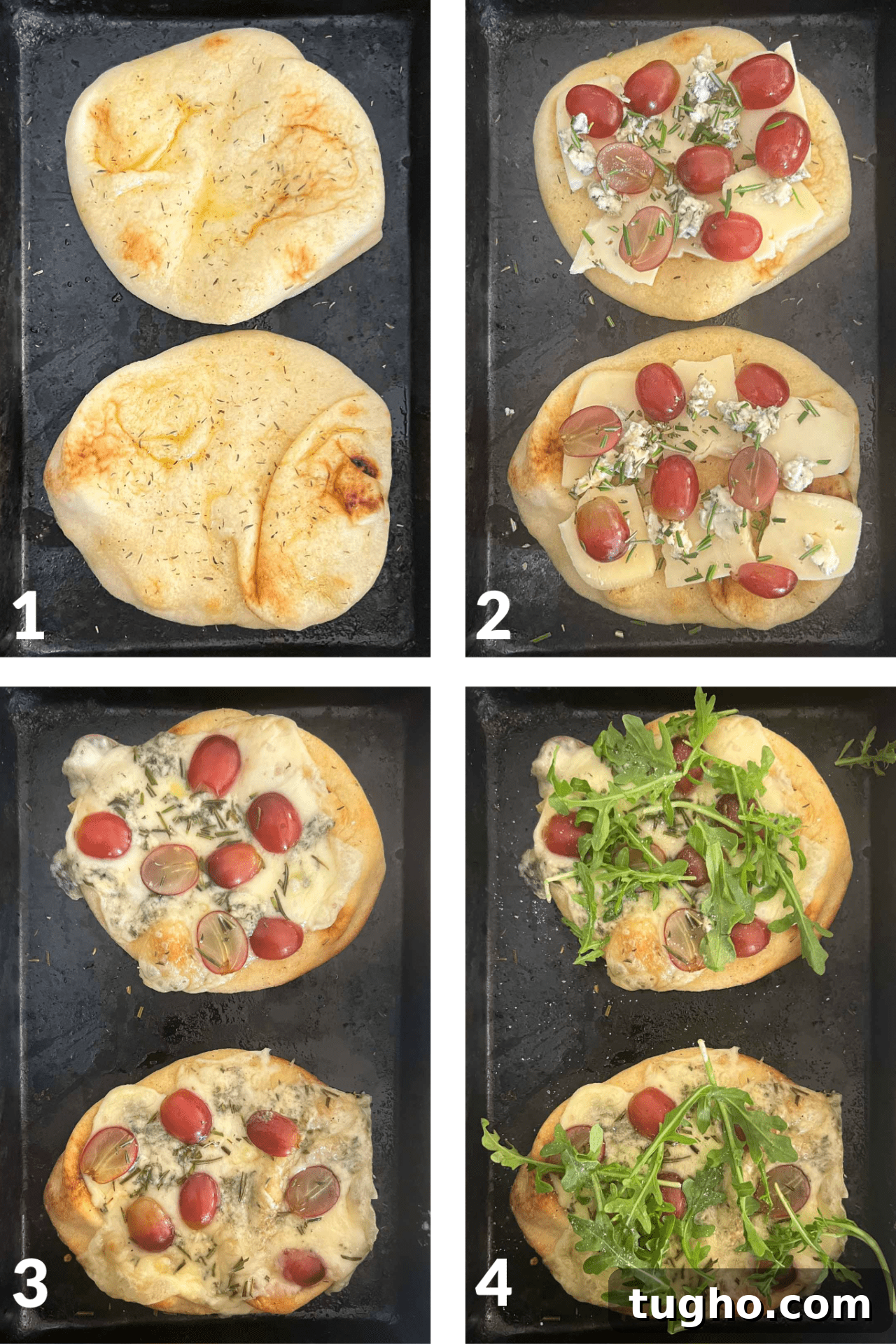 collage showing 4 steps topping flatbread with various ingredients