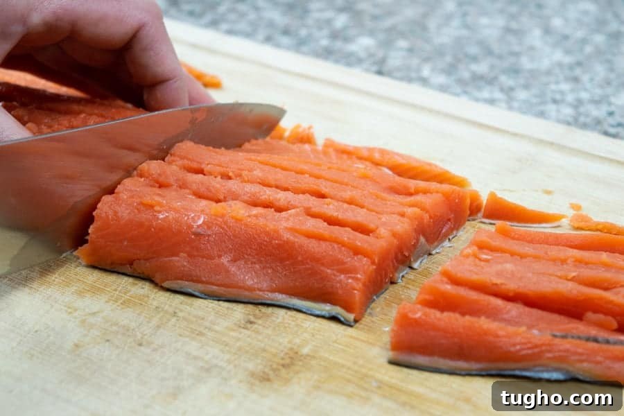 Wild sockeye salmon filet cut in small strips for jerky