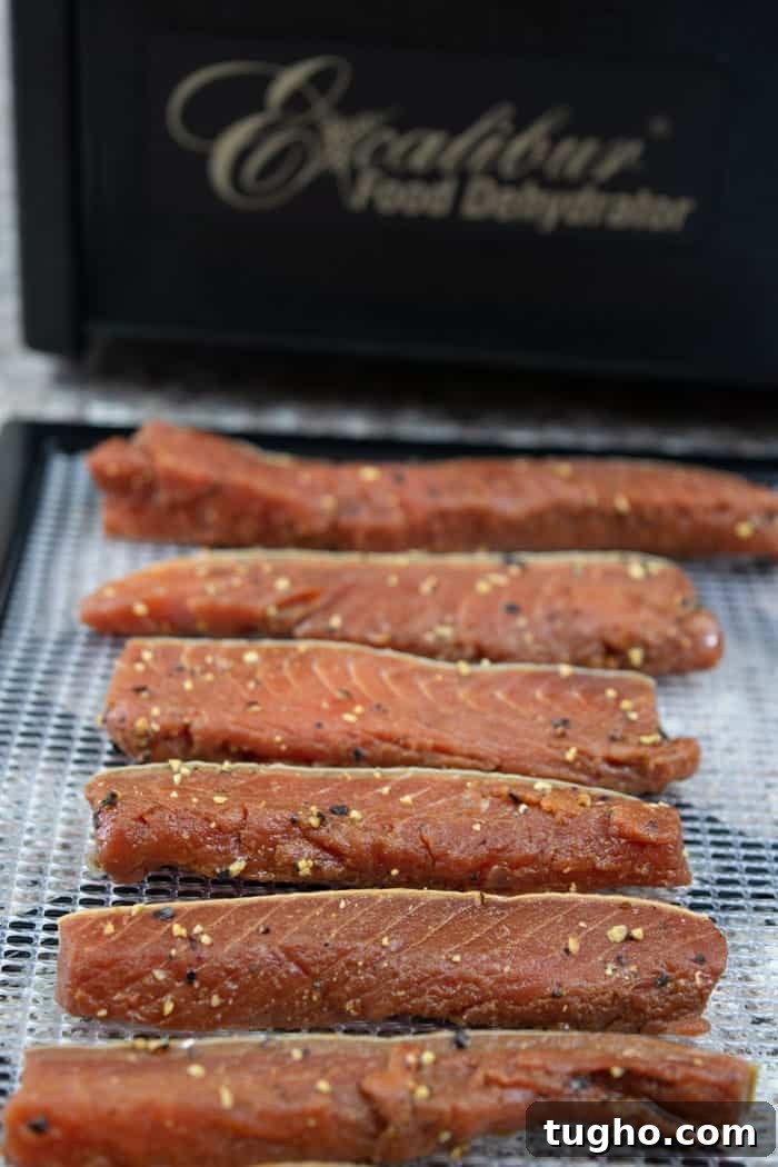 Tasty Salmon Jerky on dehydrator racks