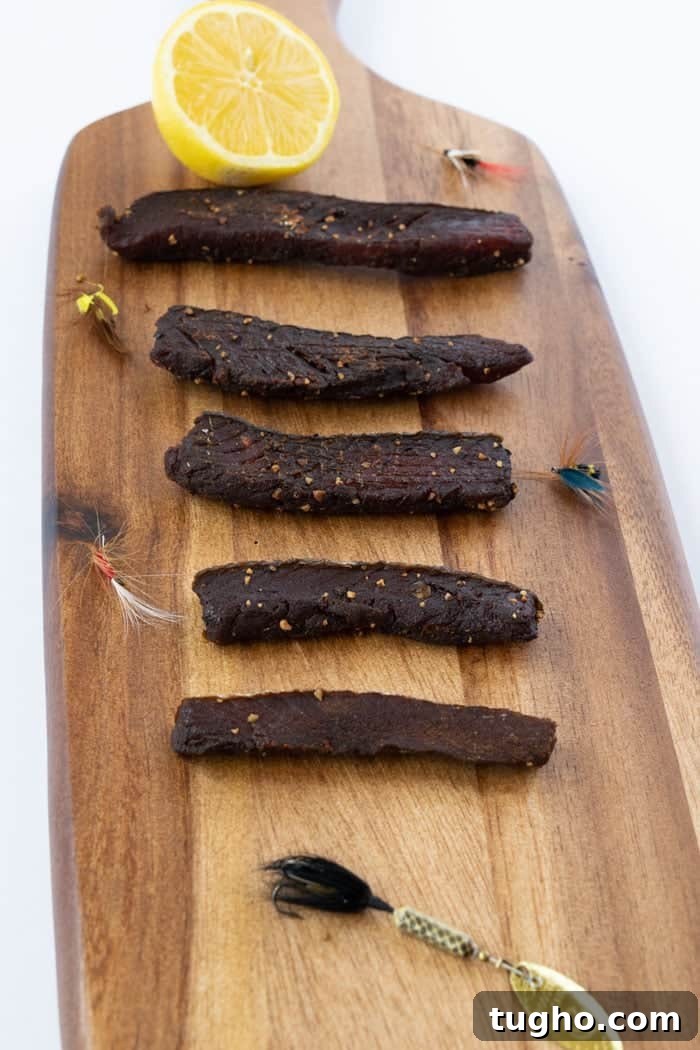 Salmon jerky on a cutting board