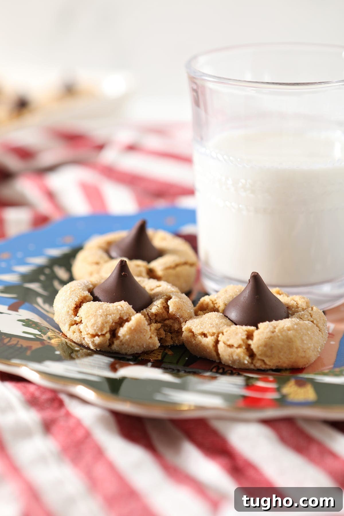 Host a Cookie Swap Party: Invitations, Recipes and Tips 4 Three Dark Chocolate Peanut Blossoms sit on a blue painted plate next to a glass of milk