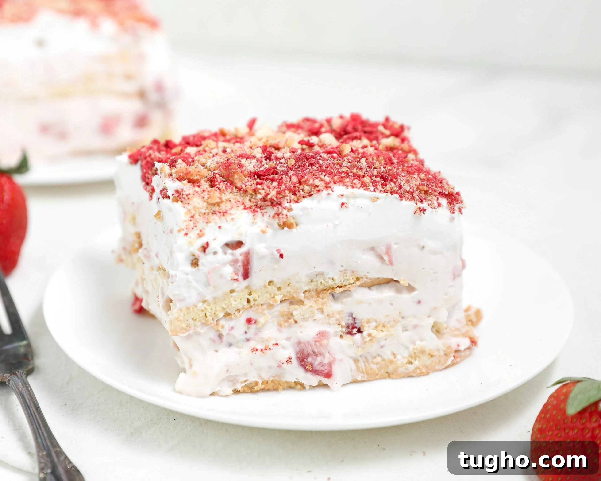 Cinnamon Raisin Bread Pudding Recipe 11 Slice of strawberry shortcake-style layered dessert with whipped cream, fresh strawberries, and cookie or cake layers, topped with strawberry crumble on a white plate