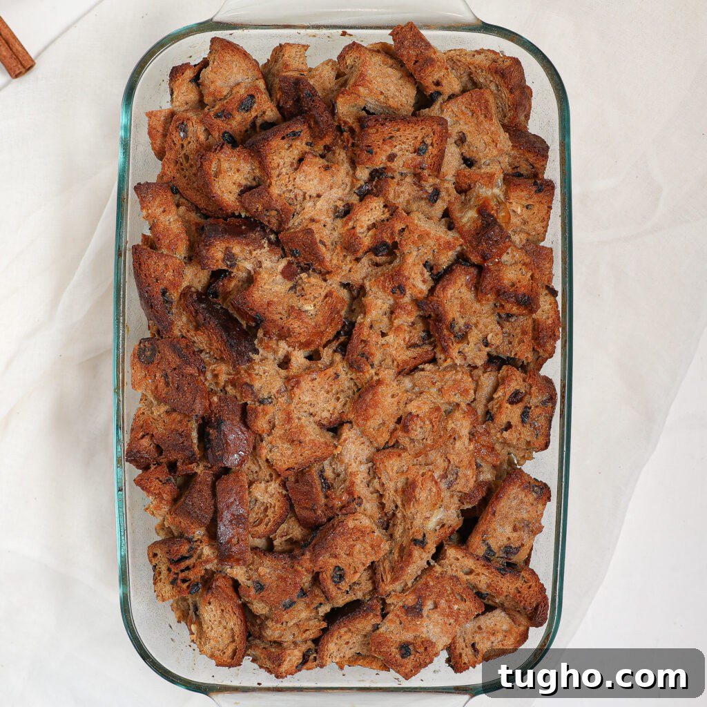 Cinnamon Raisin Bread Pudding Recipe 5 A glass baking dish filled with golden-brown Cinnamon Raisin Bread Pudding made from cubed bread with raisins, sitting on a white surface.
