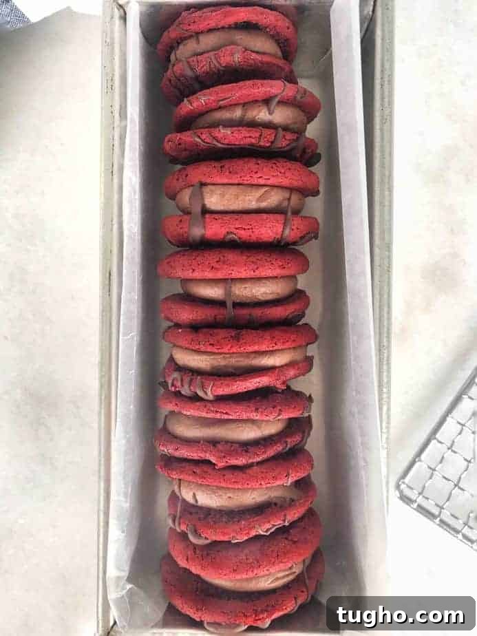 Red Velvet Cookies Topped with Nutella Cream Cheese Frosting 3 long stack of sandwich cookies in a pan