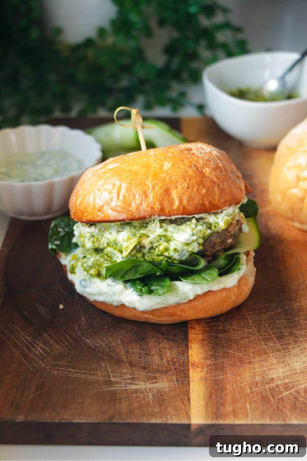 Lamb burger on a wooden board, with tzatziki and spinach.