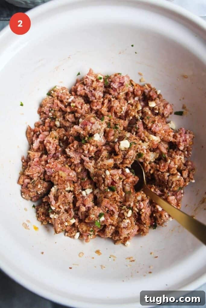 Ground lamb mixed with spices in a mixing bowl.